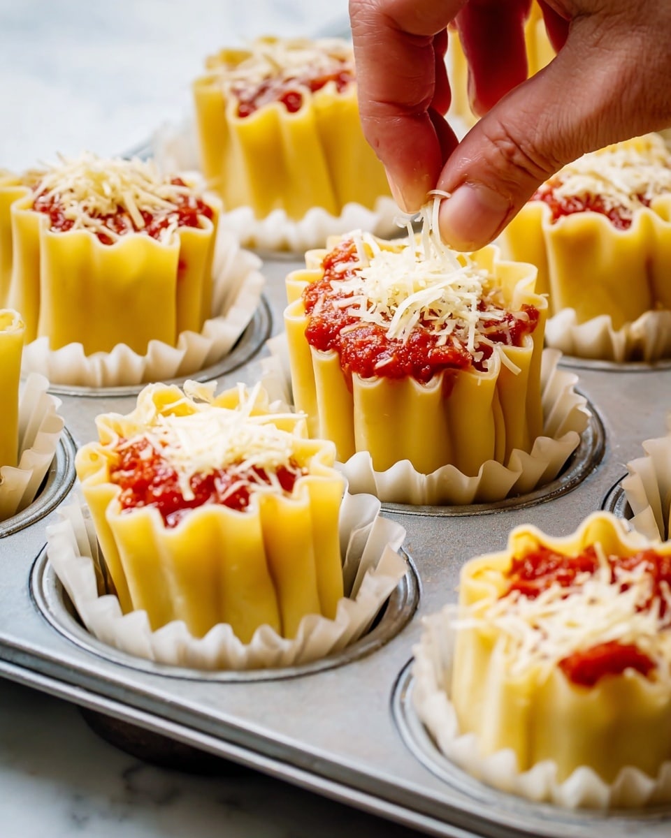 The image shows several tall, uncooked pasta rolls standing upright in a silver muffin tray lined with small white paper pieces. Each roll has smooth, pale yellow pasta sheets curved around the edges with wavy ridges on top. Inside each pasta roll is a bright red tomato sauce with a thick, chunky texture. A woman's hand is seen sprinkling shredded white cheese over one of the pasta rolls, adding a soft, stringy layer on top of the sauce. The whole setup is placed on a white marbled surface. photo taken with an iphone --ar 4:5 --v 7