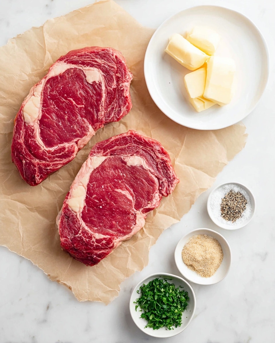 Two raw red steaks with white fat marbling lay flat on a light brown crinkled parchment paper placed on a white marbled surface. Below them, there is a small white bowl holding three pale yellow slices of butter. Next to the bowl, a white plate holds four distinct piles: black pepper, chopped green herbs, white salt, and light brown garlic powder. The image has clear bright lighting highlighting the fresh ingredients photo taken with an iphone --ar 4:5 --v 7