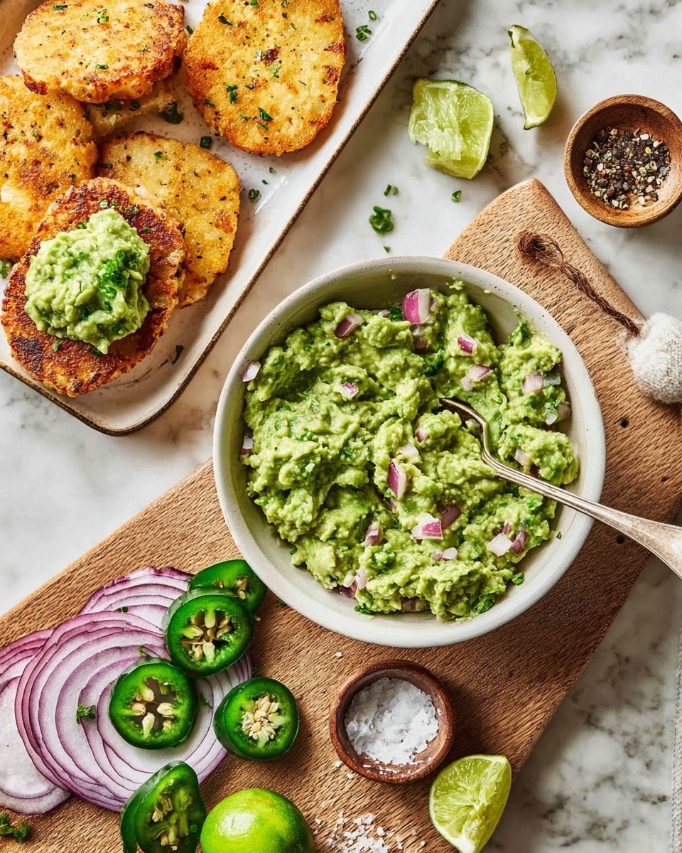 The image shows a close-up of a white bowl filled with chunky green guacamole mixed with small pieces of red onion, with a silver fork resting inside the bowl. Next to the bowl, there is a white tray with four golden brown hash browns, one topped with a scoop of guacamole and red onion pieces. Surrounding the bowl and tray are fresh ingredients on a light brown cutting board, including whole and sliced jalapeño peppers with vibrant green color, halved red onion with visible layers, a halved lime, and small dishes containing coarse salt and cracked black pepper. The scene is set on a white marbled surface, creating a bright and fresh atmosphere. photo taken with an iphone --ar 4:5 --v 7