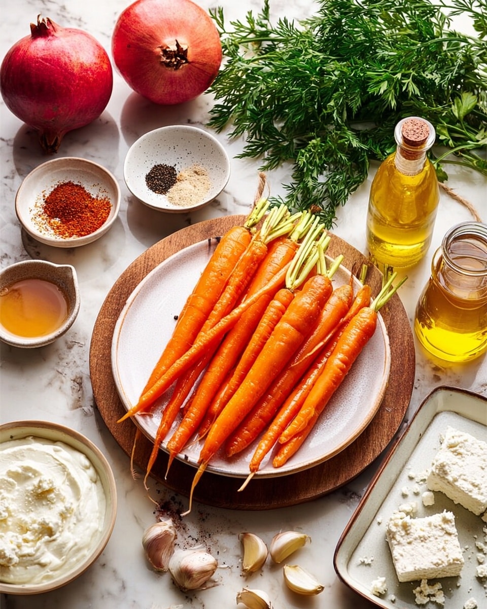 A white plate filled with two layers of bright orange carrots stacked neatly, their pointed ends facing outwards and leafy green tops trimmed short; the plate sits on a wooden board. Around the board are various ingredients: two whole red pomegranates and a bunch of green parsley to the left on a white marbled surface; a small white bowl with black pepper next to another bowl with a mix of red and brown spices above the carrots; a glass bottle filled with yellow oil nearby; a small glass dish with honey and a spoon on the right; garlic cloves are scattered next to the honey. In the lower-left corner, a white tray holds a bowl of soft white cream and a block of crumbly white cheese with some crumbs scattered around. photo taken with an iphone --ar 4:5 --v 7