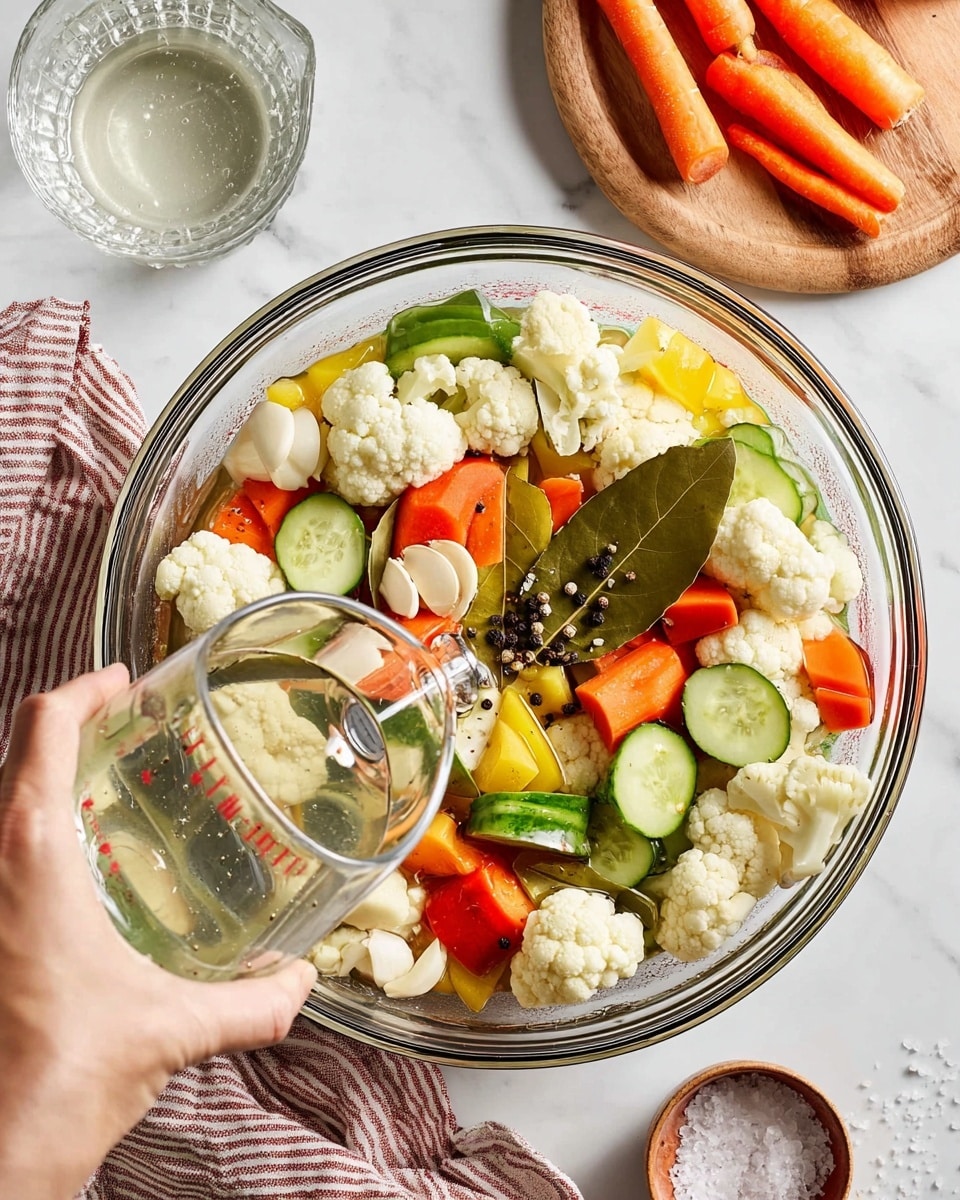 A clear round glass bowl sits on a white marbled surface, filled with a colorful mix of vegetables including white cauliflower florets, sliced green cucumbers, bright orange carrot sticks, orange and yellow bell pepper pieces, and a few cloves of white garlic scattered throughout. There are visible black peppercorns and a single large bay leaf resting on top. A woman's hand holds a clear glass measuring cup pouring a clear liquid into the bowl. Around the bowl, there is a small bowl of white salt, a glass of water, a wooden board with two small carrots, and a striped cloth napkin. Photo taken with an iphone --ar 4:5 --v 7