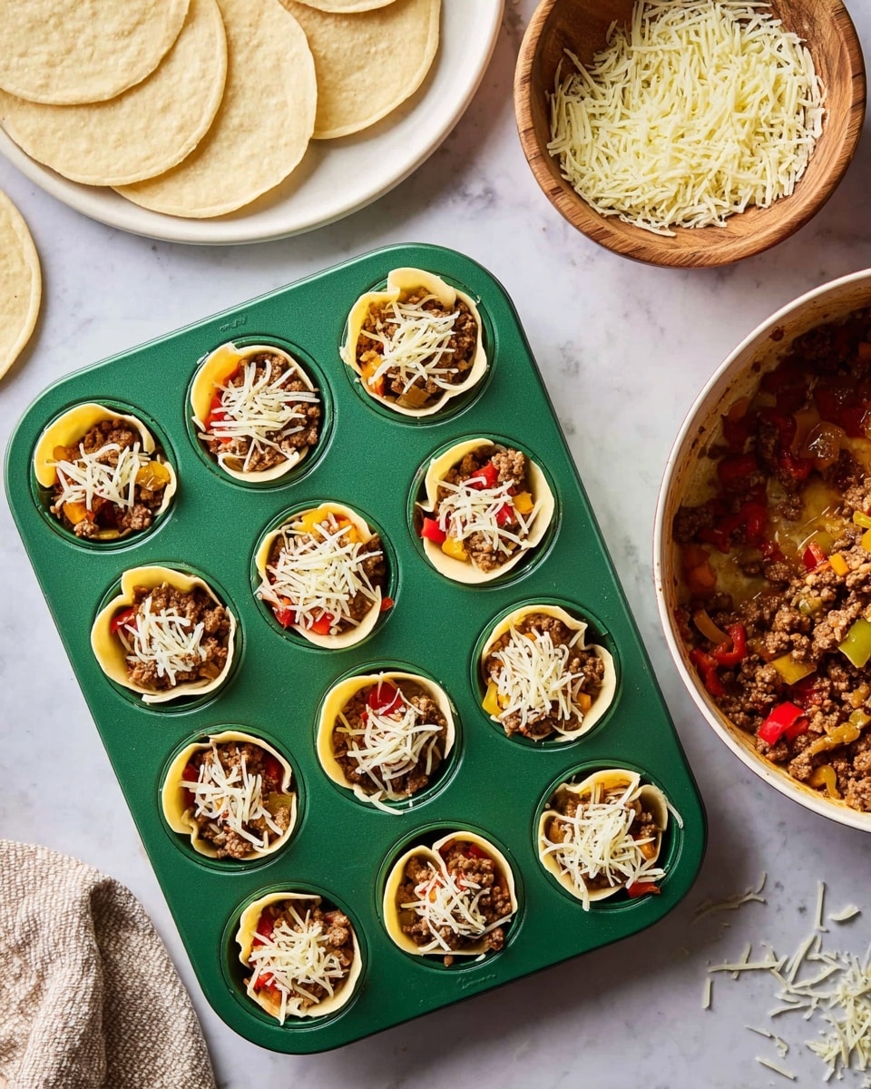 A green muffin tin holds 12 cup-shaped tortillas, each lined and filled with three layers: a golden yellow sauce base, a middle layer of cooked ground meat mixed with small red and yellow bell pepper pieces, and a top layer of white shredded cheese. A woman's hand is placing shredded cheese on one of the filled tortilla cups. To the top right, a white pan shows more cooked ground meat mixed with red and yellow bell peppers on a white marbled surface. To the top left, there is a white plate stacked with plain tortillas, and above the muffin tin, a small wooden bowl is filled with white shredded cheese, some scattered around on the white marbled surface. A beige and white cloth is partially visible in the bottom left corner. Photo taken with an iphone --ar 4:5 --v 7