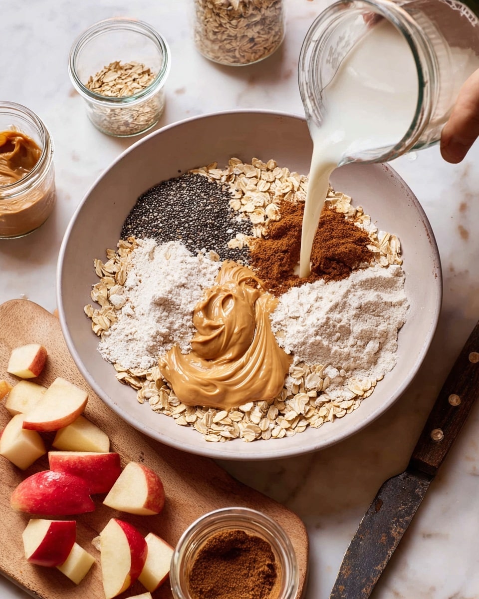 The image shows a white bowl filled with several layers of ingredients for baking or cooking. The bottom layer is made of light brown rolled oats spread evenly inside the bowl. On top of the oats, there are distinct piles: one is a creamy tan swirl of peanut butter near the bottom center, next to a dark brown pile of cinnamon powder on the right side. Slightly above and to the right is a white flour pile, and in the middle is a cluster of small black chia seeds. A woman's hand is pouring a stream of white liquid milk into the bowl from a clear glass jar, coming from the right side of the image. Surrounding the bowl are other small bowls and jars with ingredients, plus a wooden board with chopped pieces of red-skinned apple, a whole apple, and a rustic knife. The background is a white marbled surface. Photo taken with an iphone --ar 4:5 --v 7