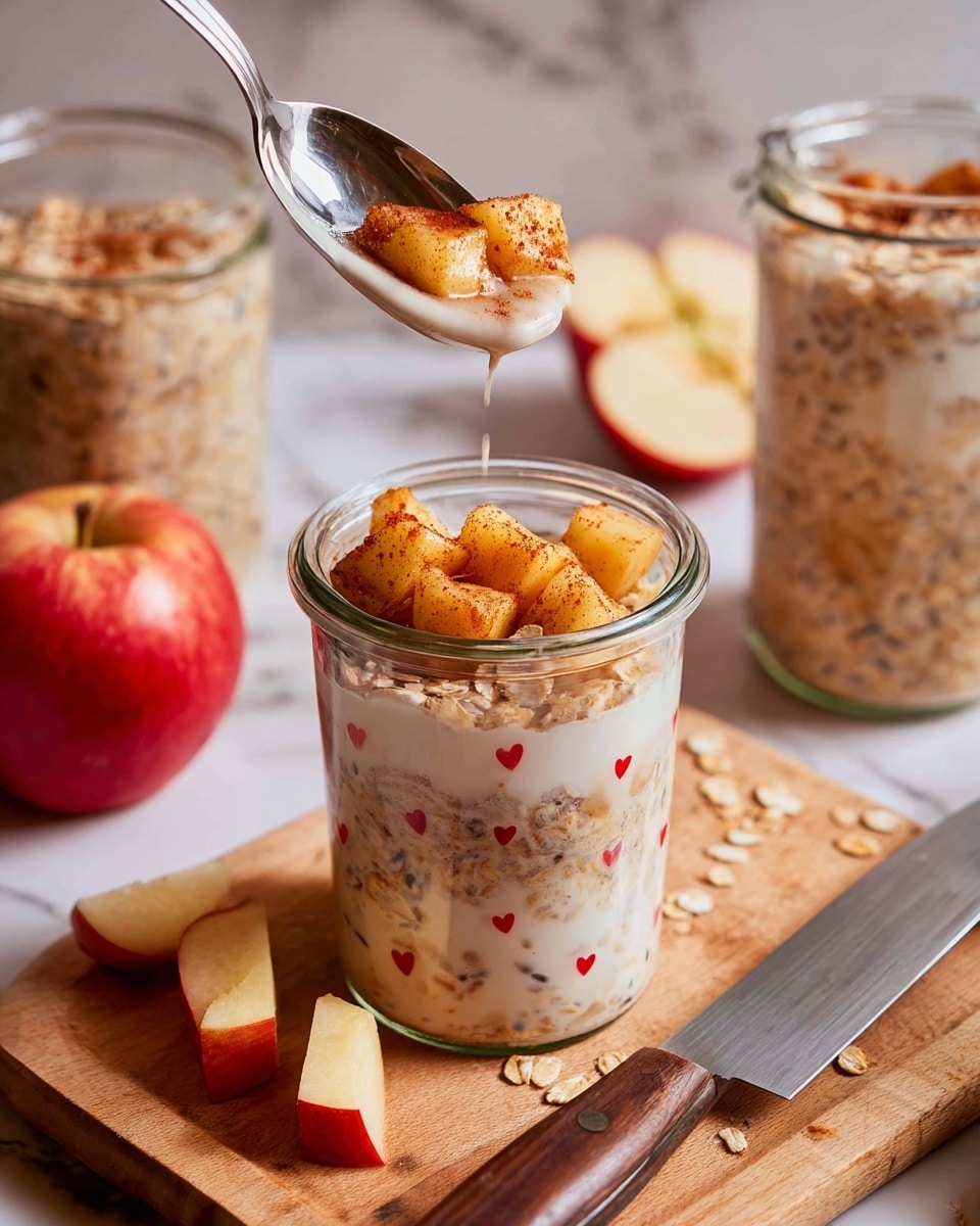 A clear glass jar with small red hearts contains three layers: the bottom layer is a mix of oats and seeds with a creamy white liquid, the middle layer has a sprinkle of oats and seeds floating in the creamy mix, and the top layer is golden-brown cooked apple cubes with cinnamon, being spooned in from a shiny metal spoon held above the jar. The jar sits on a wooden board with a red apple and some small apple chunks next to a knife with a wooden handle. In the background, more similar jars are partially visible on a white marbled surface. Photo taken with an iphone --ar 4:5 --v 7