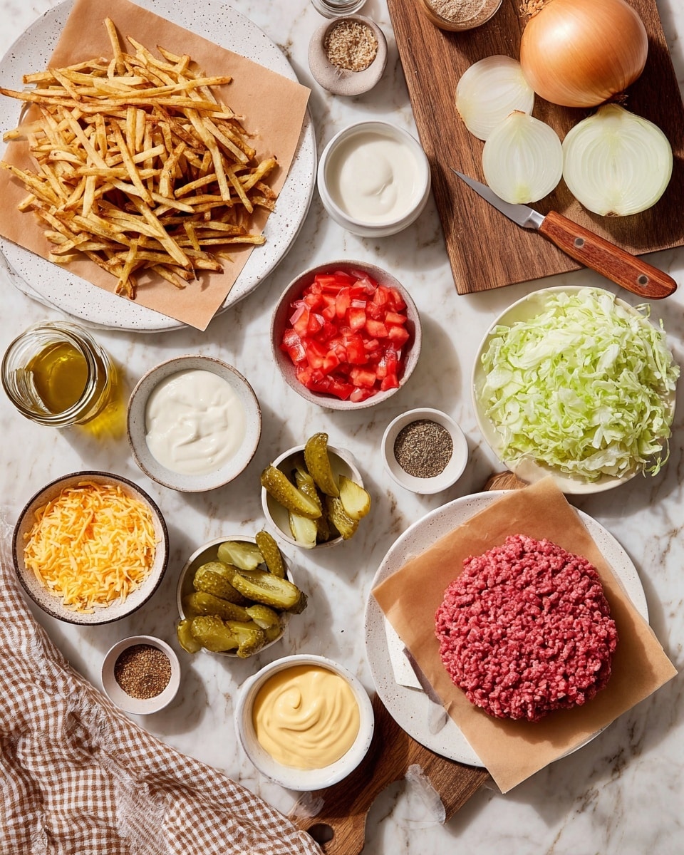 The image shows many ingredients arranged on a white marbled surface. There is a white speckled plate holding a large pile of browned thin fries on top of brown paper in the top left. To the right, a wooden board holds a whole yellow onion and several slices of onion with a small knife resting on it. In front of the board is a white plate with a large piece of bright red raw ground beef on brown paper. Around these main items are small white bowls filled with chopped red tomatoes, shredded yellow cheese, shredded light green lettuce, creamy white sauce with a small wooden spoon, yellow mustard, a glass jar with chopped pickles, and small bowls with various spices in earthy colors. A beige and brown checkered cloth is partly visible near the beef plate. Photo taken with an iphone --ar 4:5 --v 7