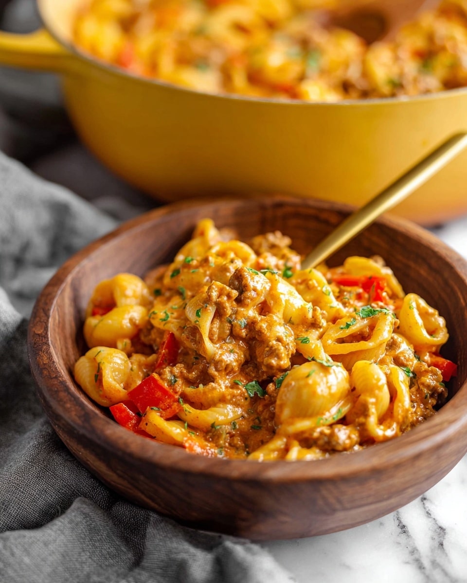 A close-up view of a brown wooden bowl filled with creamy pasta that has a rich orange sauce, with pieces of ground meat and chunks of red and yellow bell peppers mixed in. The pasta shapes are small shells covered in sauce, with bits of chopped green herbs scattered throughout. A gold spoon is partly inside the bowl, and in the background, a large yellow pot with more of the same pasta is slightly blurry on a white marbled surface, with a gray cloth underneath the bowl. photo taken with an iphone --ar 4:5 --v 7