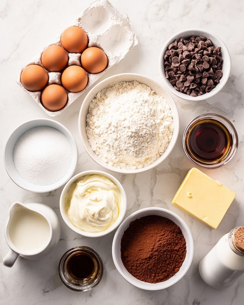 The image shows a white marbled surface with various baking ingredients arranged neatly. There is a white tray holding six brown eggs in the top left, a white bowl filled with flour in the top right, and a white bowl full of chocolate chips next to it. Below the eggs, there is a clear glass bowl with sugar, a smaller white bowl with cocoa powder, and a white pitcher with milk. In the center, a clear glass bowl contains a thick white cream. To the right, a small glass bowl with dark vanilla extract, a small bowl of salt, and a stick of butter with a yellow wrapper are placed. All items are placed cleanly and symmetrically. Photo taken with an iphone --ar 4:5 --v 7