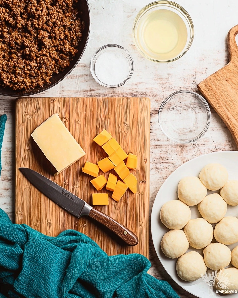 The image shows a wooden cutting board on a white marbled surface with a silver knife and bright orange cheese cut into cubes and a block. To the top left, there is a pan filled with browned ground meat, with a textured surface. Near the pan, there is a clear small bowl with white granules, probably salt. Above the cutting board is a small glass bowl with a pale yellow liquid. To the right side, there is a white plate full of small round dough balls, smooth and pale in color. A teal cloth is draped on the left side of the wooden surface. Photo taken with an iphone --ar 4:5 --v 7