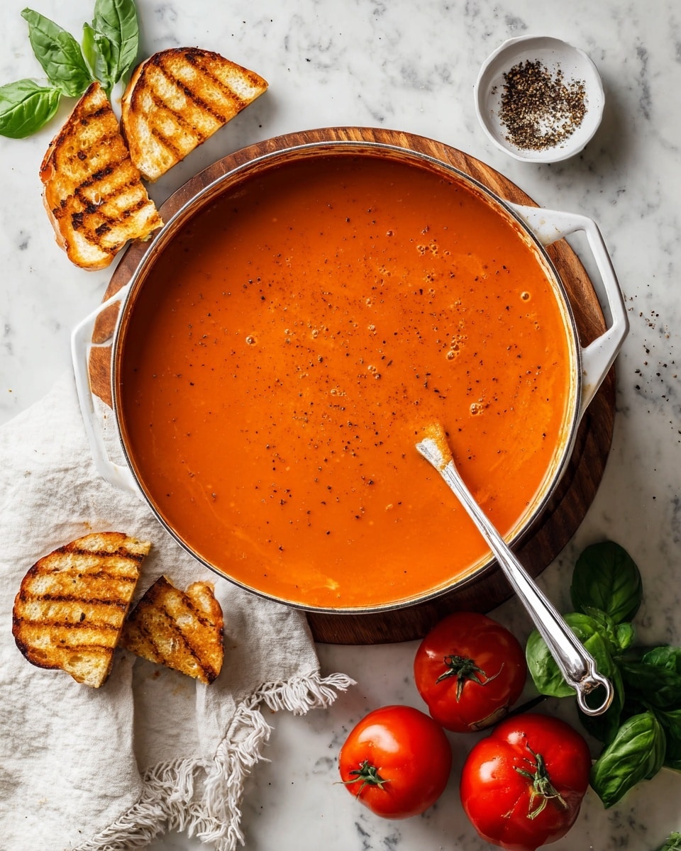 The image shows two white bowls filled with smooth orange-red tomato soup, each bowl topped with swirl of white cream, scattered black pepper, and fresh bright green basil leaves. Each bowl sits on a white plate, and the plate closest to the camera has three toasted sandwich pieces with grill marks, placed to the left side of the bowl. The background is a white marbled surface with a few scattered basil leaves, two metal spoons, and part of a pot with the same tomato soup visible from the top right corner. Photo taken with an iphone --ar 4:5 --v 7