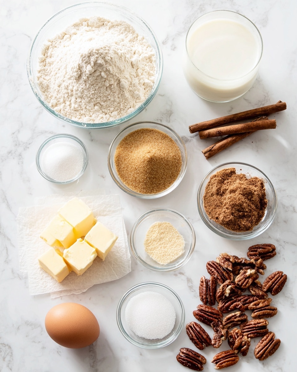 The image shows ingredients for baking arranged on a white marbled surface. At the top left is a large clear glass bowl filled with white flour. To the right is a glass filled with white milk. Below these, a small clear bowl holds white granulated sugar, while next to it is a slightly larger bowl filled with light brown sugar with a grainy texture. Near the bottom left is a single brown egg, and just above it, three small chunks of light yellow butter rest on a small square of parchment paper. Around the center, there are two small glass bowls—one with a white powder, likely salt, and another with beige yeast granules. To the right are three whole cinnamon sticks, next to a small glass bowl filled with a reddish-brown cinnamon powder. Finally, scattered on the bottom right corner is a pile of whole brown pecans with textured shells. Photo taken with an iphone --ar 4:5 --v 7