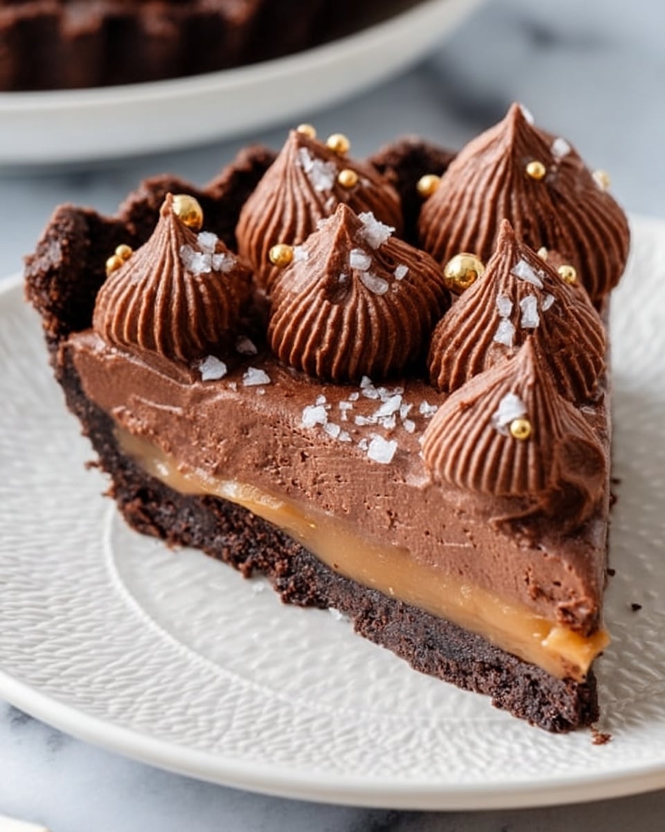 A slice of chocolate tart is shown on a white plate with a textured pattern, sitting on a white marbled surface. The tart has two main layers: a smooth, glossy caramel layer at the bottom and a dark chocolate crust that forms the base and sides. On top, there are seven dollops of whipped chocolate mousse in different shapes and sizes, some with ridged peaks and others rounded, each decorated with a small golden bead. A tiny sprinkle of white salt flakes is visible on the mousse near the edges. Photo taken with an iphone --ar 4:5 --v 7