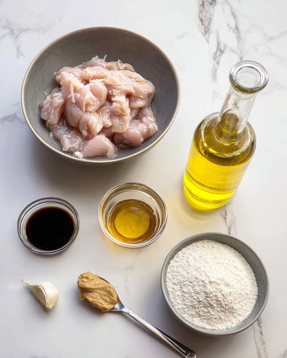 The image shows several raw cooking ingredients arranged neatly on a white marbled surface. In the top left, there is a gray bowl filled with light pink pieces of raw chicken. To the right, there is a big transparent yellow bottle filled with cooking oil. Below the bowl, there are two small clear glass jars, one with a dark brown liquid and the other with a light golden liquid. To the left of these jars, there is a single garlic clove and a silver spoon holding a smooth beige paste. At the bottom right, there is another gray bowl filled with a white powdery substance that looks soft and fine. Photo taken with an iphone --ar 4:5 --v 7