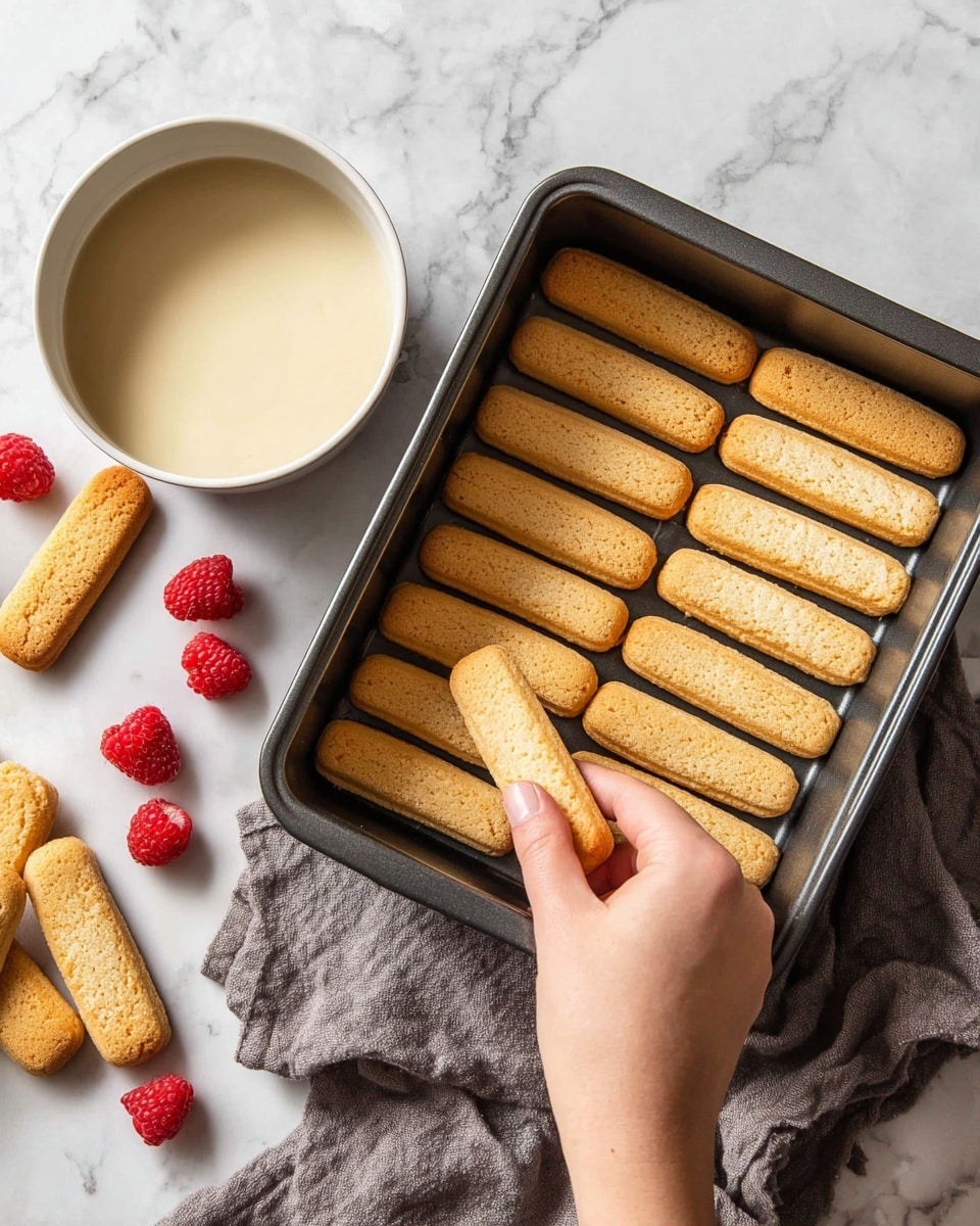 A woman's hand places golden brown ladyfinger biscuits in two neat rows inside a square dark baking pan; each biscuit has a fine, slightly rough texture and a smooth, toasted top. Next to the pan on the left side, there is a light blue ceramic bowl holding a pale yellow liquid with subtle bubbles on the surface. Nearby on the white marbled surface, several fresh red raspberries and more ladyfinger biscuits are scattered. A soft, white textured cloth is partially visible at the bottom left corner. photo taken with an iphone --ar 4:5 --v 7