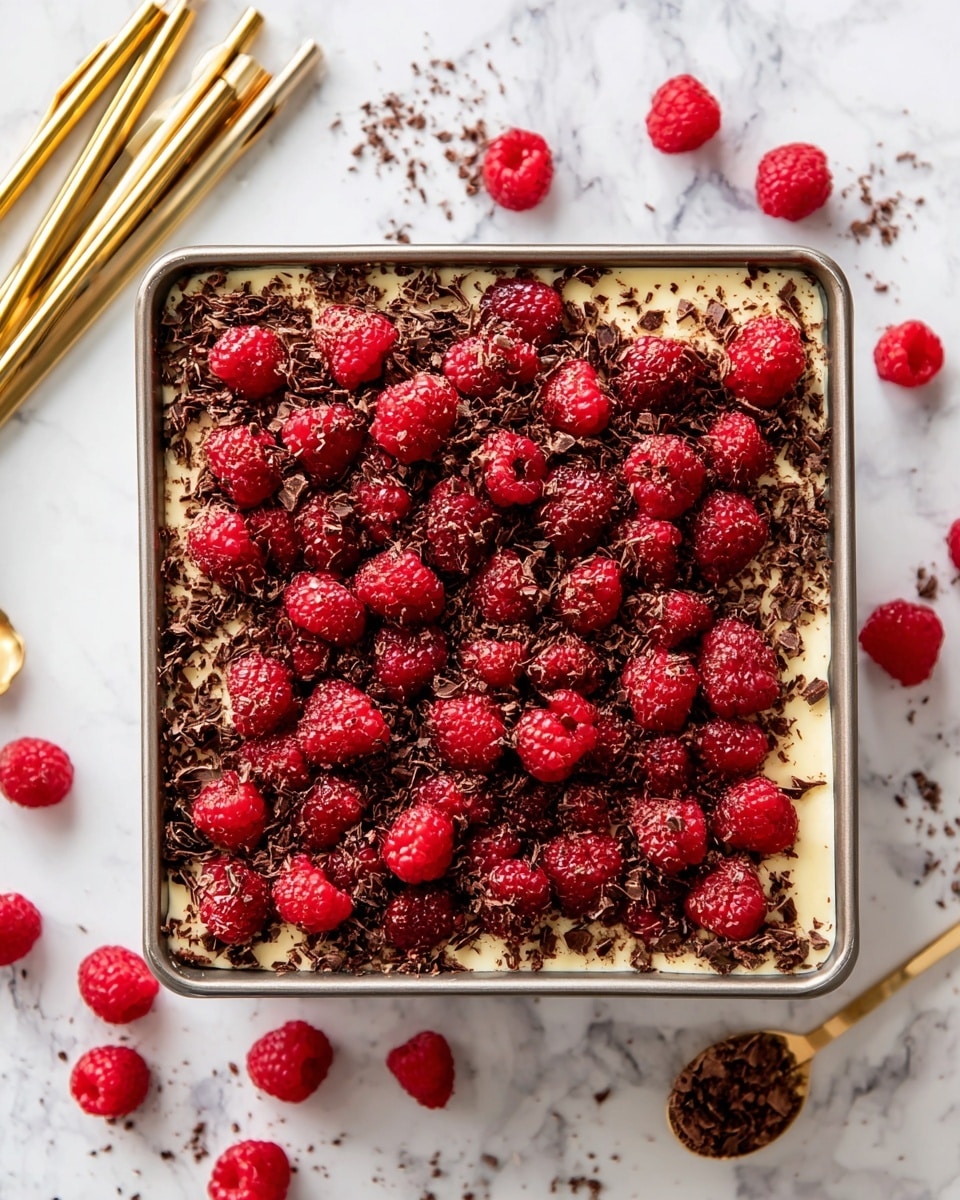 A square dessert with three clear layers in a white pan, the bottom layer is pale cream, topped with a thick layer of small dark chocolate shavings spread evenly near the edges, and finished with a generous layer of bright red fresh raspberries covering the whole top. The dessert sits on a white marbled surface scattered with loose chocolate shavings and raspberries. In the top left corner, there are three gold spoons placed neatly. photo taken with an iphone --ar 4:5 --v 7