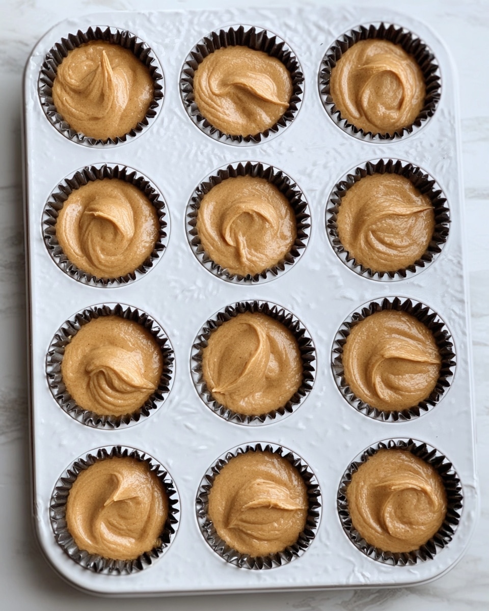 A white metal muffin tray holds twelve white paper cupcake liners filled with light brown, smooth, and slightly glossy batter. Each liner is nearly full, with the batter's surface unevenly swirled and softly rounded, showing soft peaks and gentle waves. The tray rests on a white marbled surface that adds light gray veins as subtle details around the edges of the image. photo taken with an iphone --ar 4:5 --v 7