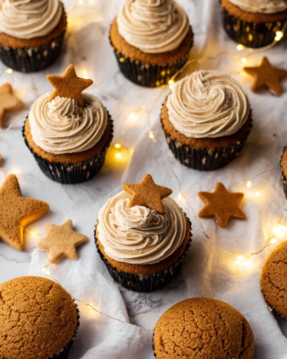 A cupcake with three visible layers sits in a black paper cup; the bottom cake layer is golden brown and slightly textured. On top is a thick swirl of light beige frosting with a smooth, creamy texture, sprinkled with fine gold glitter. A golden brown star-shaped cookie, also decorated with gold glitter, is placed standing upright in the frosting at the center. The cupcake is on a soft white fabric, against a white marbled surface, with blurred similar cupcakes in the background. Small golden ornaments are scattered nearby, adding a festive feel. Photo taken with an iphone --ar 4:5 --v 7