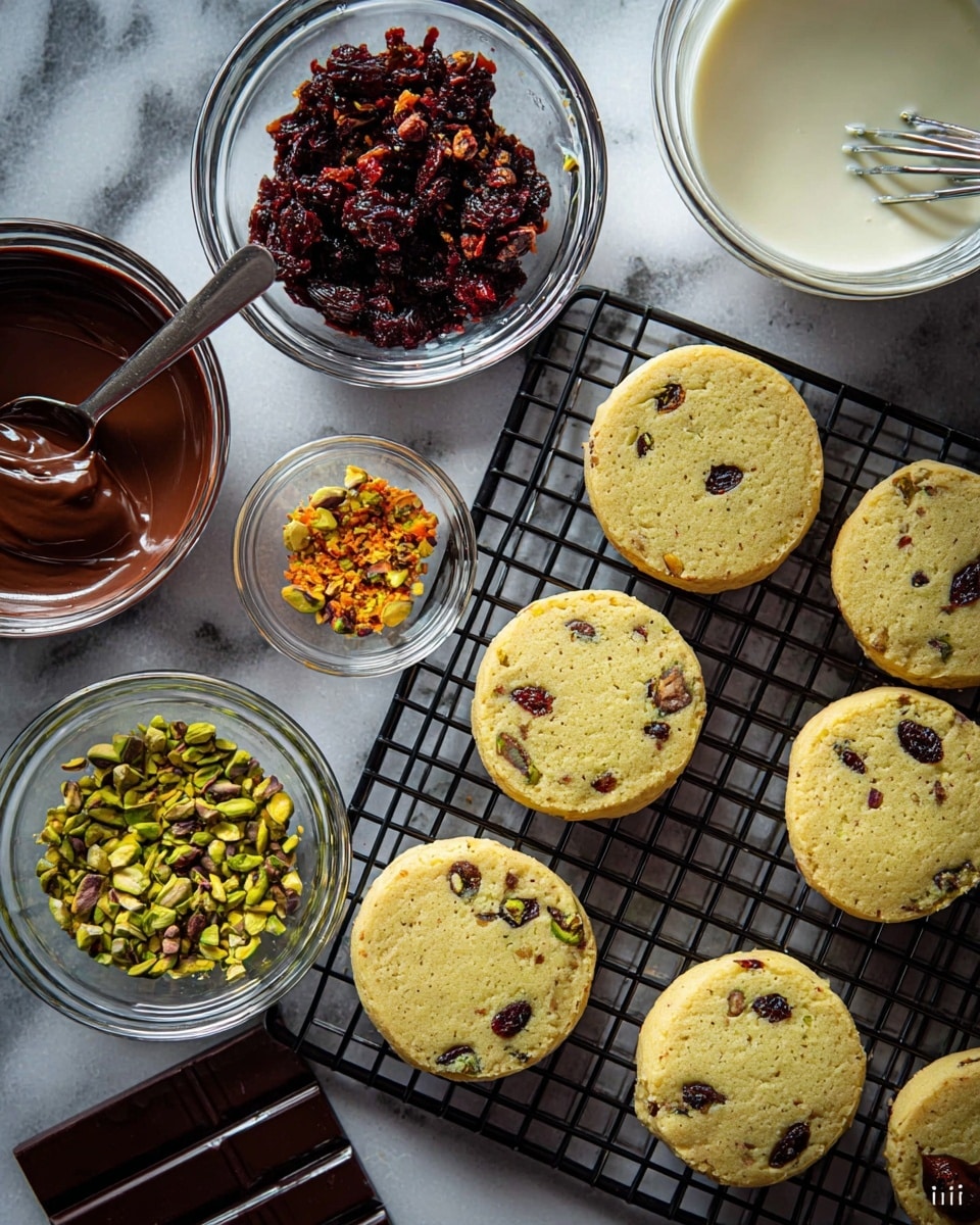 The image shows six round cookies on a black cooling rack, each cookie light brown with small bits of dark red and green, indicating dried fruit and nuts inside. To the left, five clear glass bowls hold different ingredients: one bowl with smooth dark brown melted chocolate, another with chunky chopped dried red fruit, a third with bright green chopped pistachios, a fourth with zest of orange peel, and the last with thick creamy white melted chocolate, each bowl having a spoon resting inside. The whole scene is set on a white marbled surface with squares of dark chocolate in the corner, suggesting preparation for cookie decoration. Photo taken with an iphone --ar 4:5 --v 7