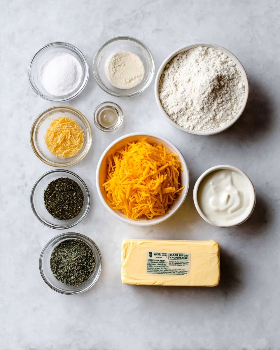The image shows several small clear glass bowls and containers with cooking ingredients arranged on a white marbled surface. From left to right, there are six small bowls, some with white powdery substances, one with a yellow powder, and one with dark green dried herbs. In the middle, there is a white bowl filled with bright orange shredded cheese. To the right, there is a white bowl filled with fine white flour. Below the cheese bowl, there is a rectangular block of butter in light yellow with black text on the wrapper, and next to it, a small round bowl filled with white cream. The arrangement is neat and well spaced, with soft, natural lighting. photo taken with an iphone --ar 4:5 --v 7