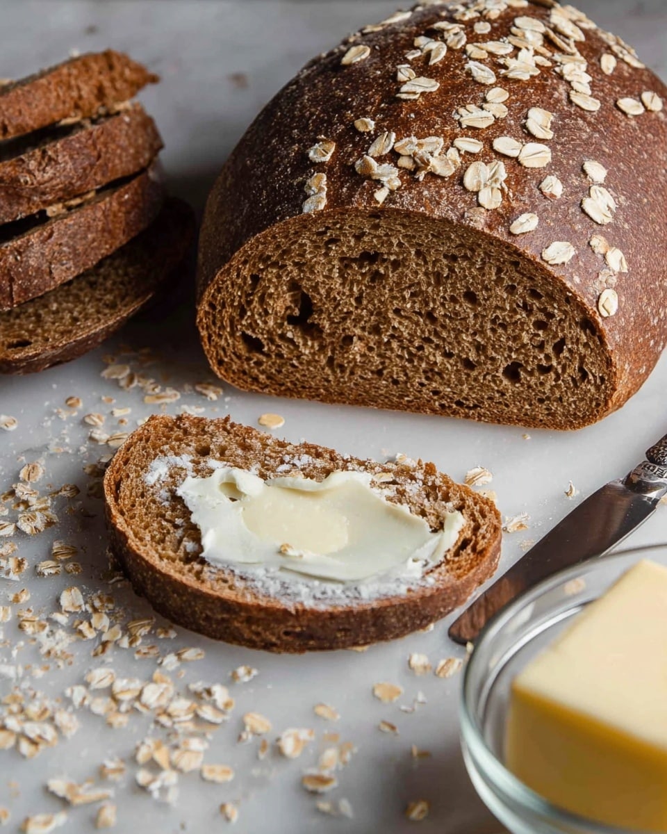 The image shows a dark brown round loaf of bread topped with scattered oats on a white marbled surface. In front of the loaf, a single slice of the same bread lies flat, spread with a thin, uneven layer of creamy white butter. To the left, several more slices of the bread are stacked in a slightly overlapping manner, also sprinkled with oats. In the bottom right corner, a clear glass butter dish holds a block of pale yellow butter with a metal knife resting inside. Photo taken with an iphone --ar 4:5 --v 7