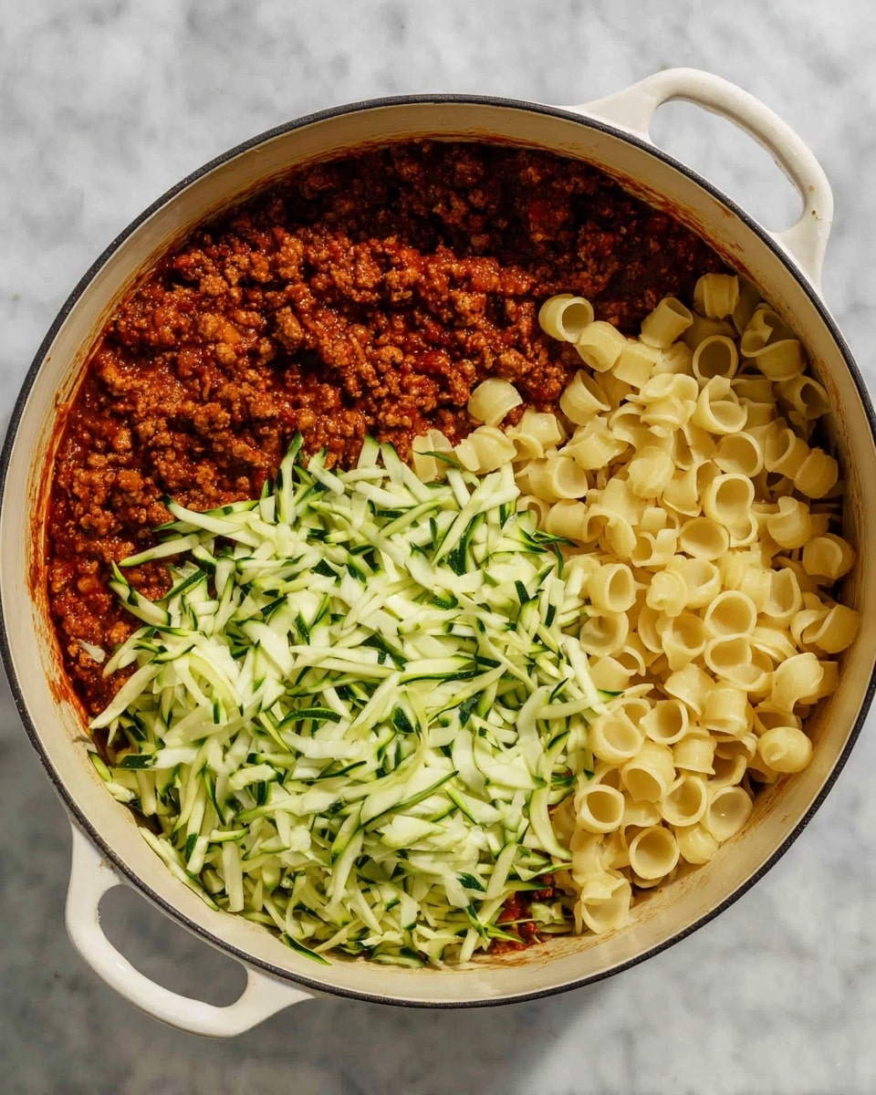 A white pot filled with three clear layers of ingredients: the bottom layer is a rich, dark reddish-brown cooked ground meat sauce with visible bits of onion, the middle layer is a pile of pale yellow small round pasta pieces sitting on the right side, and the top layer is shredded light green zucchini with dark green edges spread mostly over the pasta in the center, all placed on a white marbled surface. photo taken with an iphone --ar 4:5 --v 7