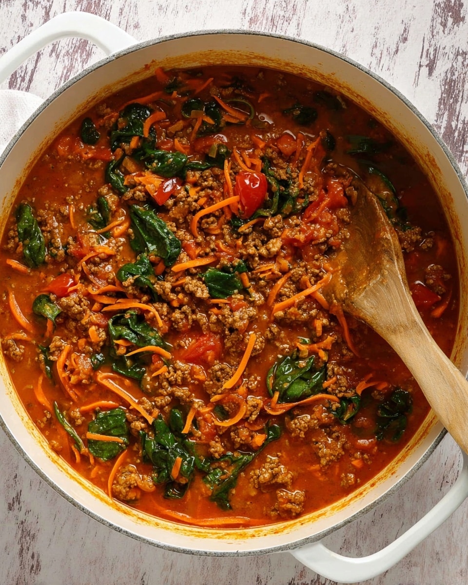 A white stew pot filled with a mix of brown cooked ground meat, orange shredded carrots, bright green spinach leaves, and chunks of red tomatoes in a thick reddish-orange sauce, with a wooden spoon resting inside the pot. The pot sits on a white marbled textured surface photo taken with an iphone --ar 4:5 --v 7