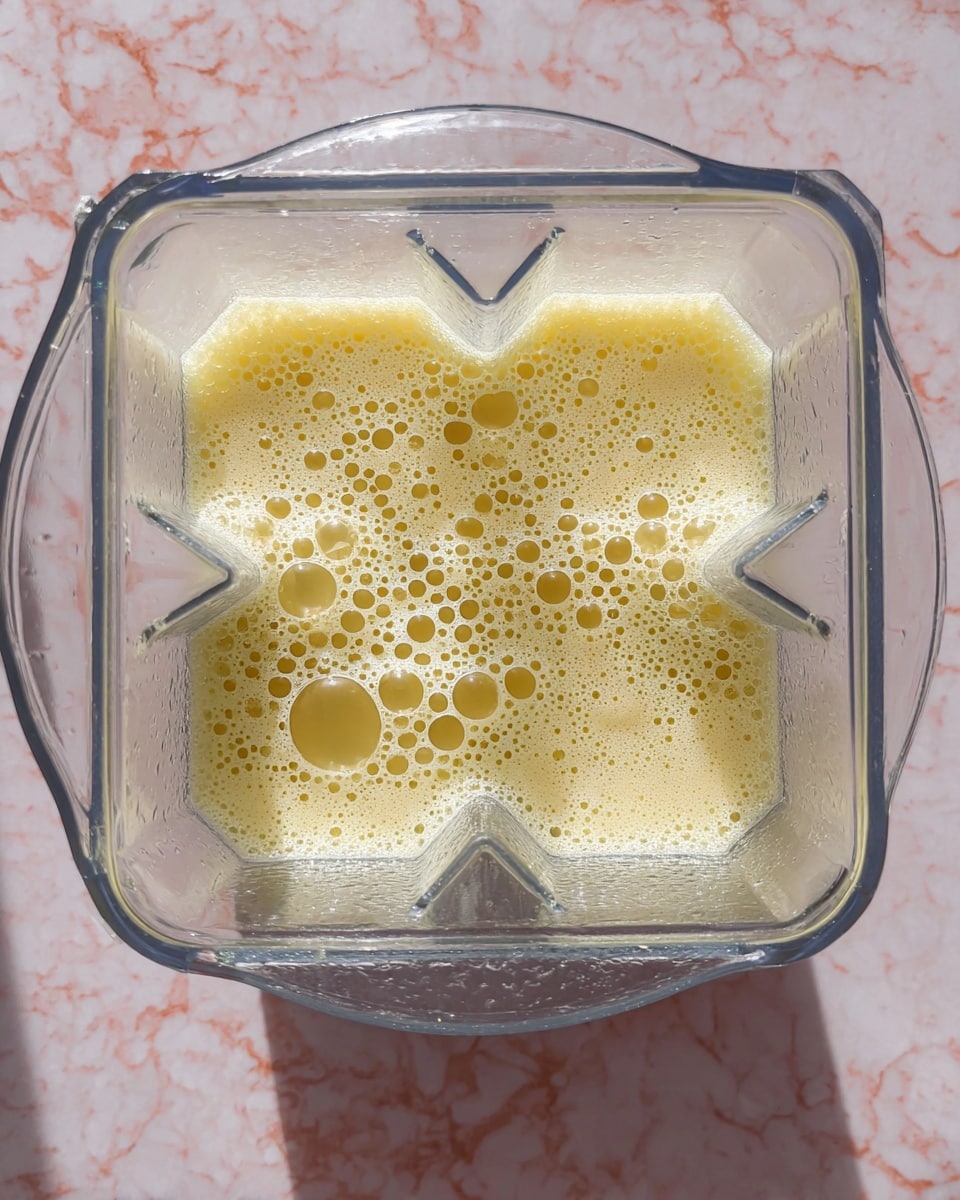 A rectangular white baking dish holds a baked item with a golden-yellow top layer that has a slightly uneven texture and small holes scattered across the surface. The edges of the baked item are puffed up and a bit darker in color, showing a slightly crispy texture. The background is a white marbled surface with soft lighting highlighting the warm tones of the dish photo taken with an iphone --ar 4:5 --v 7