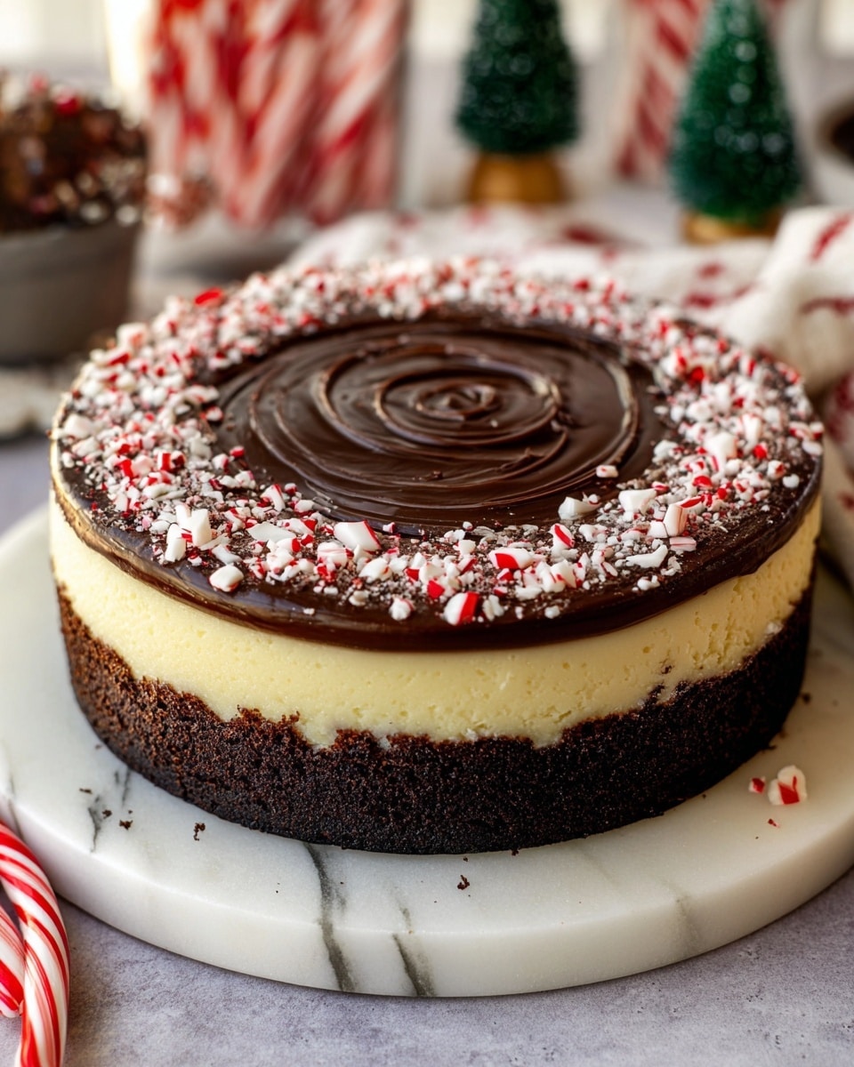 This image shows a three-layer round cake on a white marbled round board. The bottom layer is dark brown with a rough texture, the middle layer is thick, smooth, and pale yellow, and the top layer is glossy dark chocolate with a spiral pattern. Crushed red and white peppermint candy pieces are sprinkled evenly over the chocolate layer. The cake is surrounded by candy canes, holiday trees, and festive decorations in the soft-focused background. Photo taken with an iphone --ar 4:5 --v 7