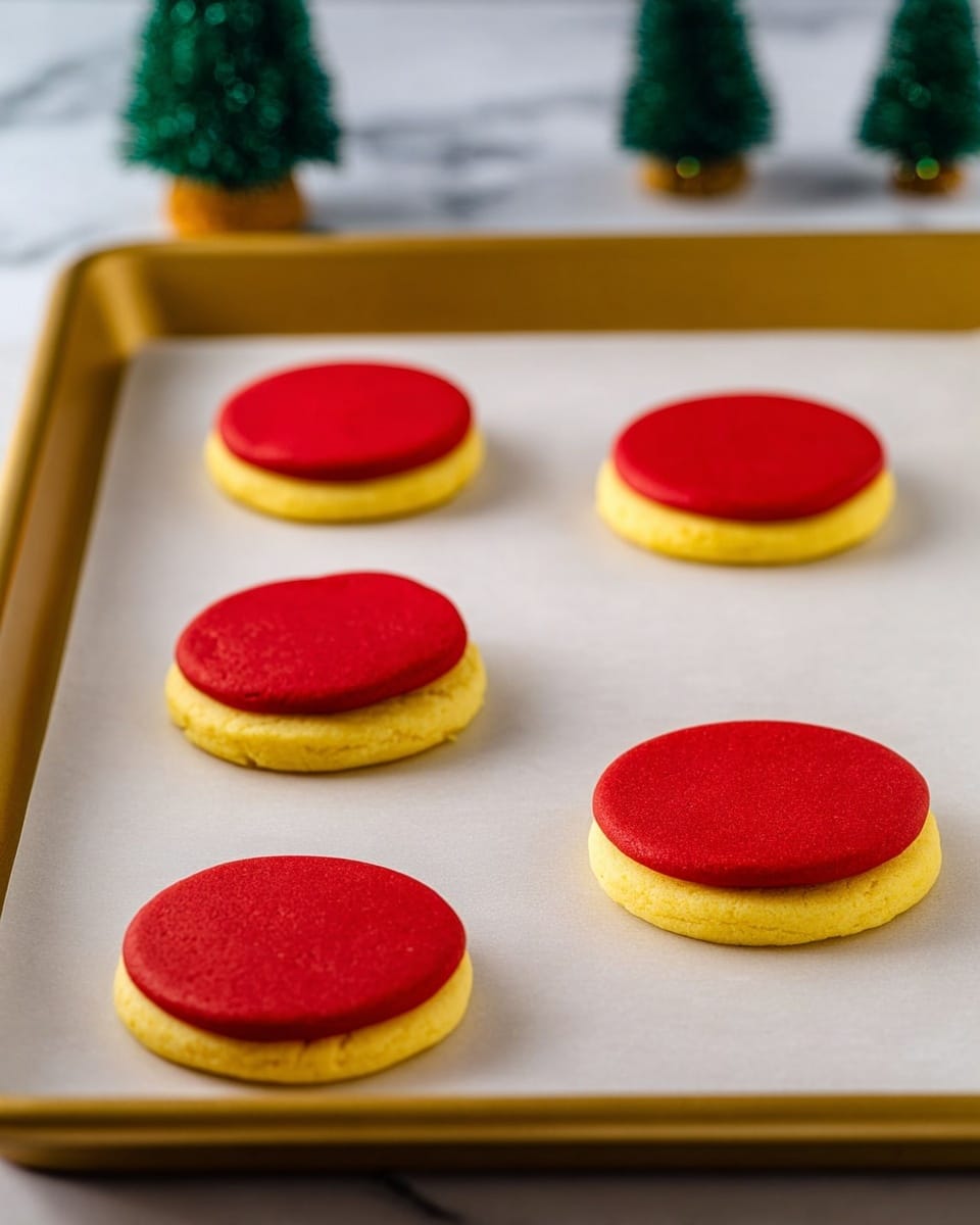 The image shows five uncooked cookies placed on white paper on a baking tray with a gold tone. Each cookie has two layers: a bottom thicker yellow layer with a soft texture and a smooth, flat, thin top layer in bright red. The cookies are evenly spaced on the tray, arranged in a pattern with three in the back and two in the front. The background has a white marbled surface with small green Christmas tree decorations softly blurred in the distance. photo taken with an iphone --ar 4:5 --v 7