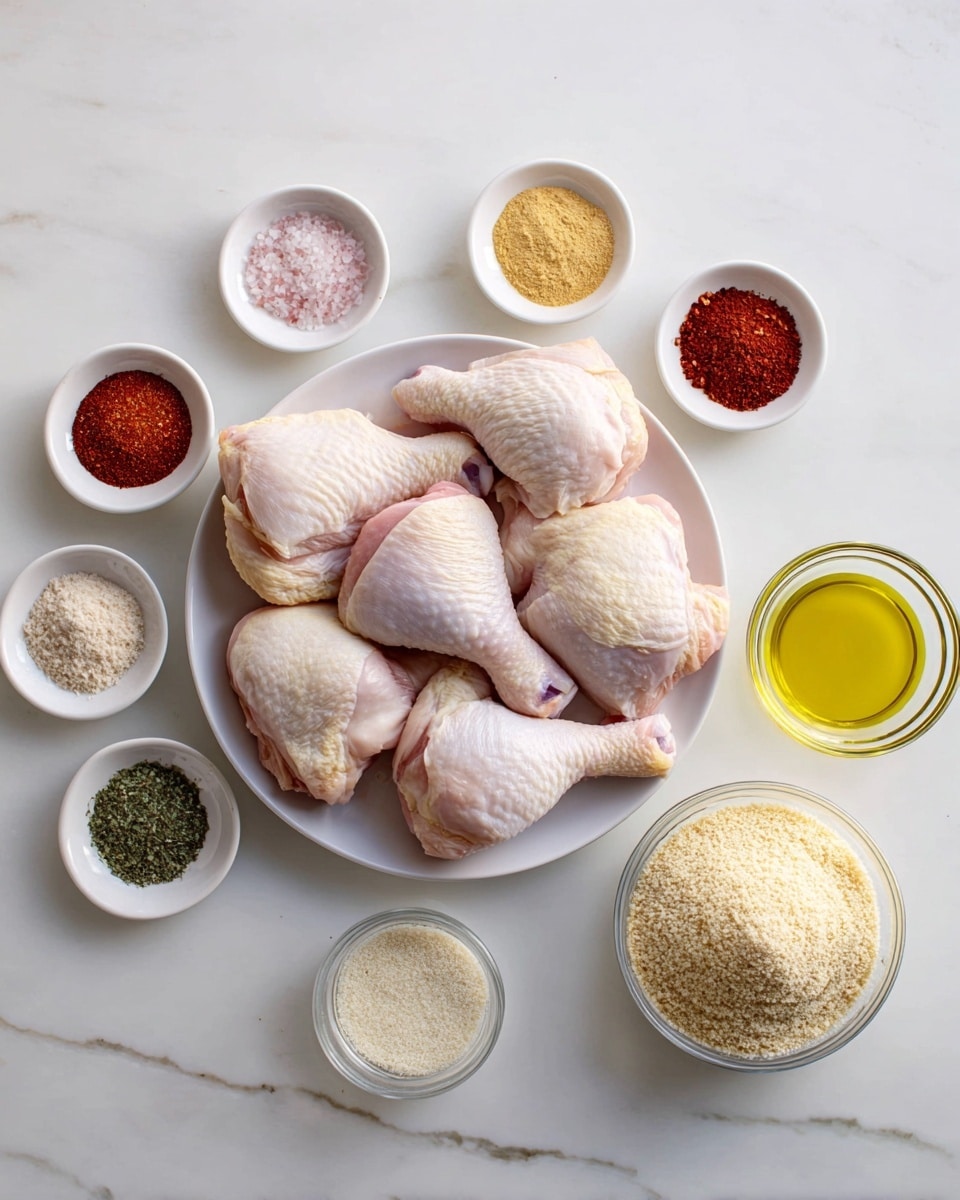 A white round plate holds six raw chicken pieces arranged in a circle, showing a mix of drumsticks and thighs with pale pink skin. Surrounding the plate are small white bowls filled with various spices and ingredients: finely ground reddish-brown powder, yellow powder, a light tan powder, and dark green herbs in the top row; pink salt, bright red powder, and green dried herbs in the bottom row. On the right side, there's a larger white bowl filled with light tan breadcrumbs and a small white bowl containing a golden yellow liquid, likely oil. A small clear bowl with a pale powder is positioned at the bottom left. All items sit on a white marbled surface. Photo taken with an iphone --ar 4:5 --v 7