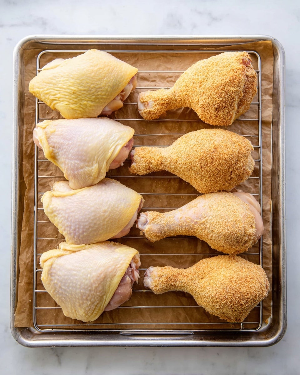 A metal tray with a wire rack holds eight chicken pieces arranged in two rows. The left row has four uncooked chicken thighs with pale yellow skin and smooth texture. The right row has four chicken drumsticks covered in a light brown breadcrumb coating, giving them a rough texture. The tray is lined with brown parchment paper and sits on a white marbled surface. Photo taken with an iphone --ar 4:5 --v 7