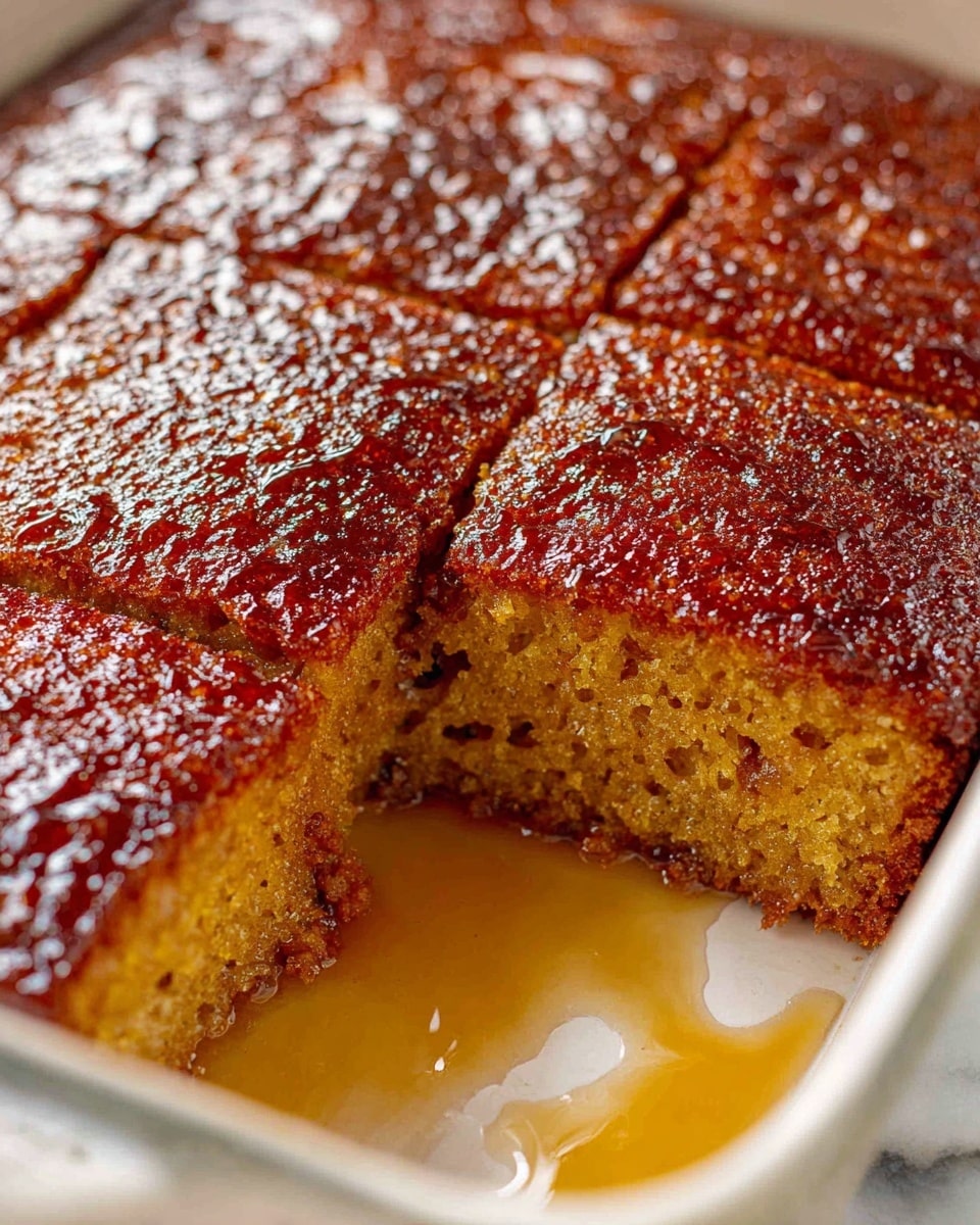 A close-up of a moist brown cake with a shiny glazed top layer, showing a soft, crumbly texture inside with tiny air holes. The cake is cut into square pieces, and one piece is removed, revealing the inside and a bit of syrup pooling at the bottom in a clear white baking dish. The surface underneath is a white marbled texture. photo taken with an iphone --ar 4:5 --v 7