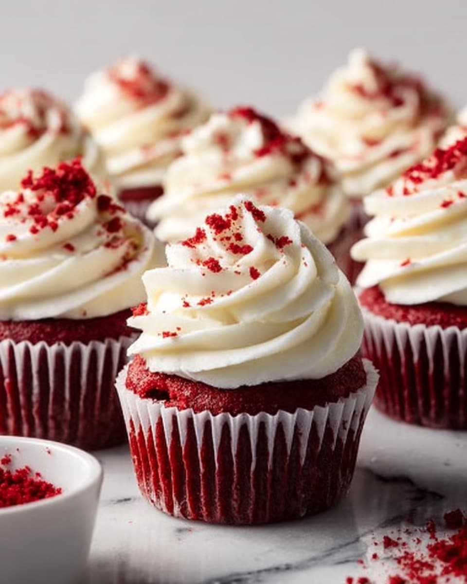 The image shows a red cupcake with a dark red moist cake layer topped with a thick swirl of creamy white frosting. Red crumbs are scattered on top of the frosting and around the base where the cupcake liner is partially peeled back and spread out flat. The cupcake sits on a white round wooden stand with a slightly worn look. In the background, there are more cupcakes with the same red cake and white frosting but blurred. The surface underneath the stand is a white marbled texture. Photo taken with an iphone --ar 4:5 --v 7
