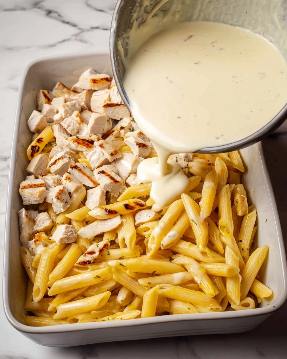 The image shows a baking dish with two main layers: the bottom layer is a mix of yellow cooked penne pasta and small chunks of grilled white meat pieces, scattered evenly. The second layer is creamy white sauce being poured over the pasta and meat, creating a smooth, thick texture that begins to cover the pasta. The dish is placed on a white marbled surface, with part of a hand holding the bowl of sauce visible on the right side, adding a dynamic feel to the scene. photo taken with an iphone --ar 4:5 --v 7