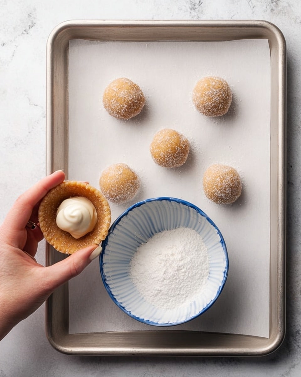 A silver baking tray with white parchment paper holds six round cookie dough balls, each coated in sugar and spaced out evenly. In the bottom left corner, a woman's hand holds an unbaked cookie shaped into a shallow cup with a smooth dollop of white filling on top. Near the center of the tray, a white bowl with blue edges contains one sugar-coated dough ball sitting in white sugar. The background is a white marbled texture. photo taken with an iphone --ar 4:5 --v 7