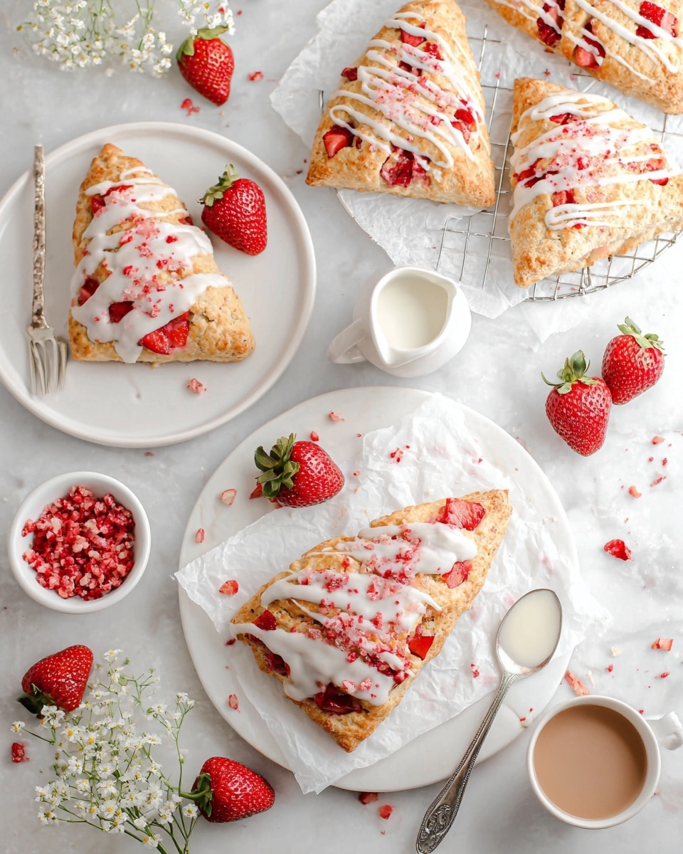 The image shows three triangular scones stacked on a white plate with a white marbled background. Each scone has a golden-brown crust with visible small pieces of red strawberry inside the dough. The top scone is broken open, revealing a soft and airy inside with bits of strawberry. A white icing drizzle covers the scones in thin lines, with one scone partially covered in a thicker layer of icing sprinkled with pink powder. In the background, a glass jar filled with strawberries and white bowls are slightly blurred. photo taken with an iphone --ar 4:5 --v 7