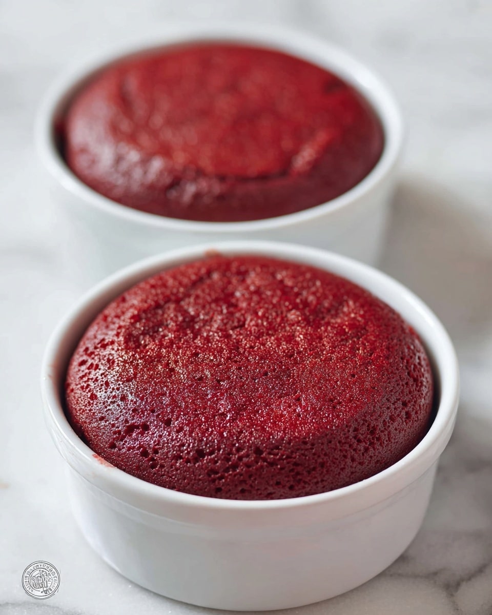 Two small red velvet cakes are shown in white round baking dishes. Each cake is a single thick layer with a slightly domed, textured top that has a deep red color with small cracks and a soft, moist appearance. The dishes sit on a white marbled surface, and the background is softly blurred to focus on the cakes in the foreground. The photo taken with an iphone --ar 4:5 --v 7