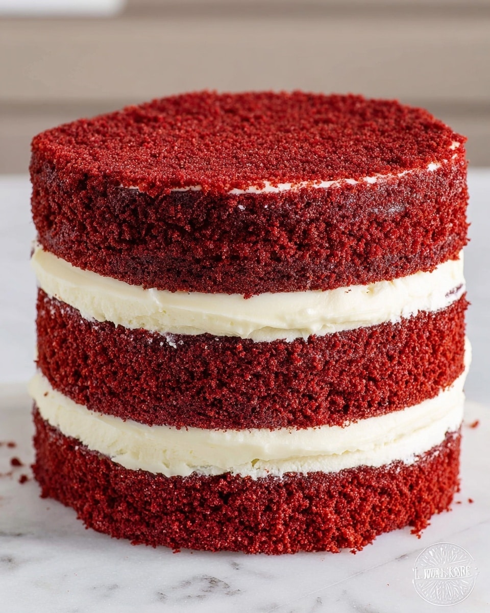The image shows a three-layer red velvet cake with a rich, deep red color and a slightly rough texture. Between each thick cake layer, there is a smooth, thick spread of white cream filling, creating two visible layers of cream. The cake sits directly on a white marbled surface with no visible plate, and the cake edges are clean but slightly crumbly. The background is blurred but neutral, keeping the focus on the cake. Photo taken with an iphone --ar 4:5 --v 7