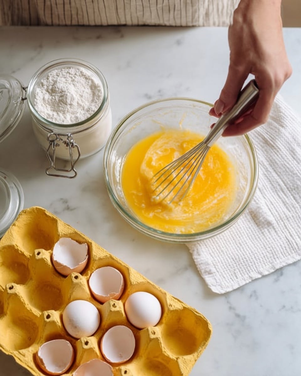 A woman's hand is whisking yellow beaten eggs inside a clear glass bowl placed on a white marbled surface. In the foreground, there is a yellow egg carton holding emptied eggshells, showing the rough white interior and smooth outer shell. To the left of the bowl, there is a clear glass jar filled with white powder, likely flour, with a metal latch on its lid. A white cloth napkin is folded and lying near the top right edge of the bowl. The scene shows a close-up of simple kitchen preparation with soft natural light. Photo taken with an iphone --ar 4:5 --v 7