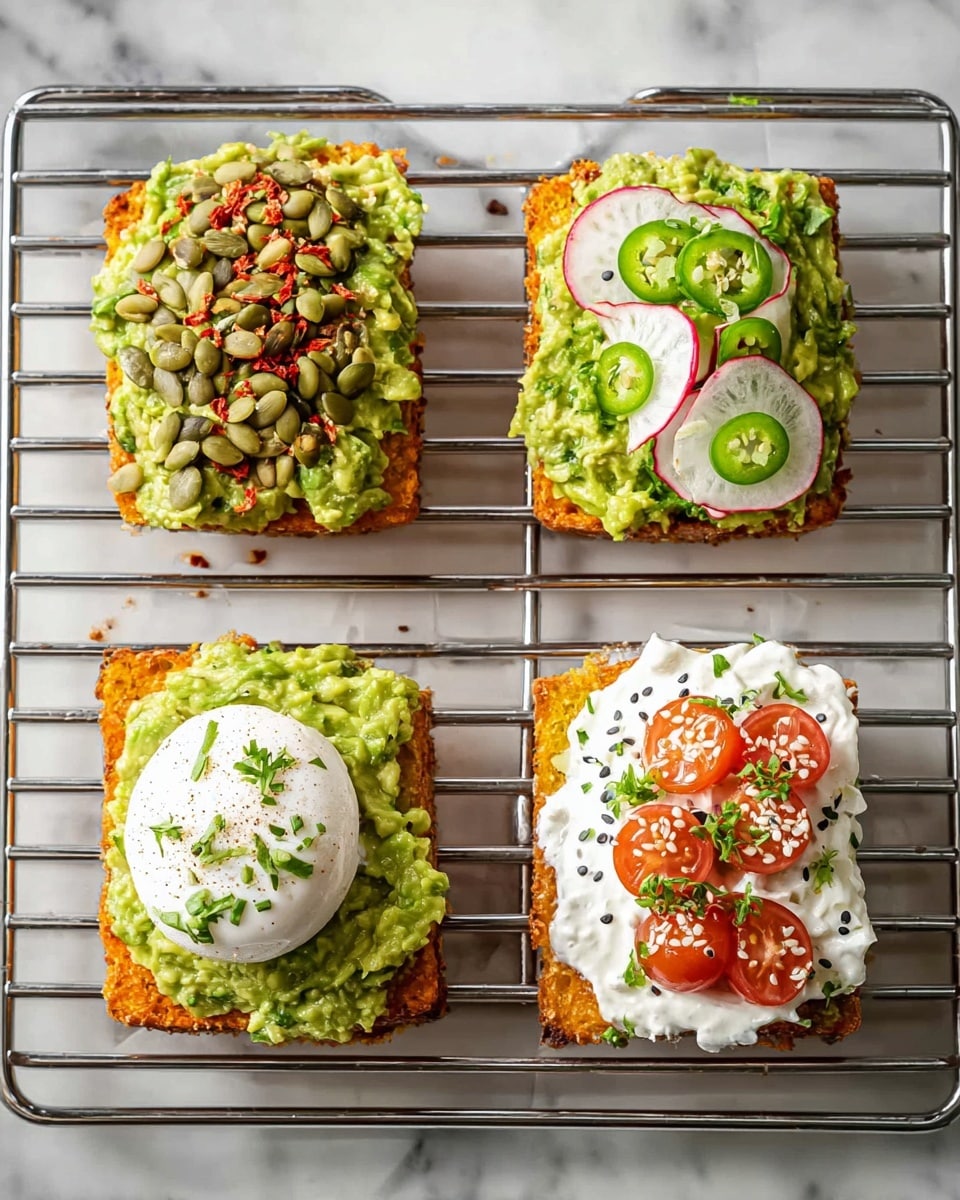 A white plate with a scalloped edge holds a layered dish in the center. The bottom layer is a golden brown fried piece with a crispy texture. Above it is a thick green spread that looks like mashed avocado. On top of the avocado, there is a soft white poached egg with a runny bright orange yolk slightly spilling onto the plate. The egg is sprinkled with small green chives and black pepper. The plate sits on a white marbled textured surface; in the background, out of focus, are a small white plate with a radish and cherry tomato, and a glass bowl with green sauce. Photo taken with an iphone --ar 4:5 --v 7