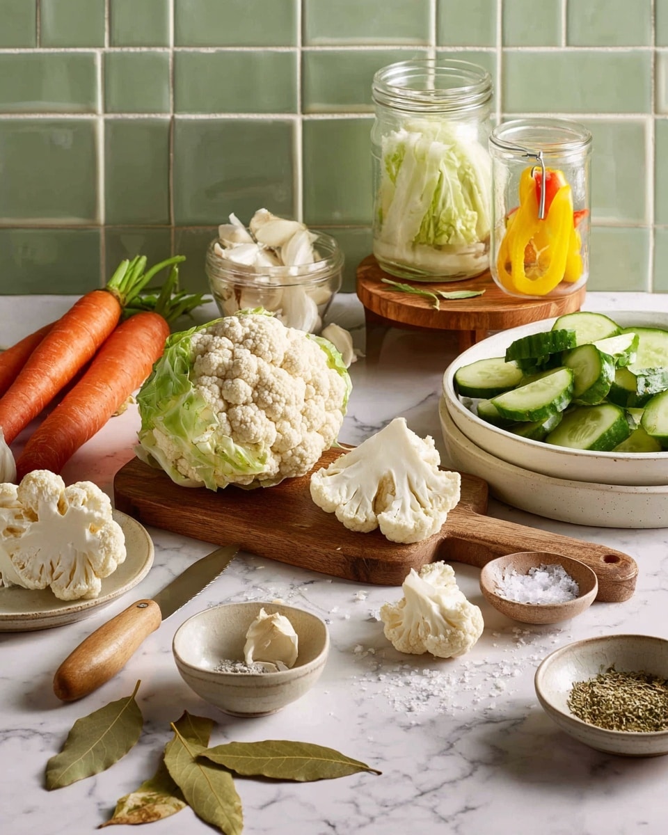 The image shows a white marbled surface with fresh vegetables and spices arranged neatly. In the center, there is a wooden board holding a half and a smaller piece of cauliflower, with parts of it cut and a small knife with a light wooden handle laying nearby. On the left side, there are whole carrots with green tops and a small bowl with garlic cloves. Next to them is a white plate filled with chopped cabbage pieces. Towards the right, a white bowl contains sliced green cucumbers, and behind it, there are two small glass jars with clear liquid on a wooden coaster, one jar lid is open with some yellow bell pepper pieces beside it. Scattered in front are bay leaves and two small ceramic bowls: one with salt and a wooden spoon, and the other with ground herbs. The background is green tiled wall. photo taken with an iphone --ar 4:5 --v 7