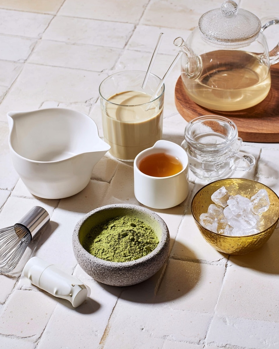The image shows ingredients and tools for making a matcha drink, arranged on a white marbled tiled surface. There is a white bowl with a spout on the left side, next to a small white cup filled with amber-colored liquid. In front and to the right is a small stone bowl filled with bright green matcha powder. Behind the matcha, there is a clear glass with a creamy beige liquid, and next to it is a clear glass cup with two clear straws inside. To the far right, there is a clear glass teapot with water, placed on a round wooden board, and below it is a gold-colored bowl holding clear ice cubes. In the foreground lies a small white electric frother with a silver whisk. photo taken with an iphone --ar 4:5 --v 7