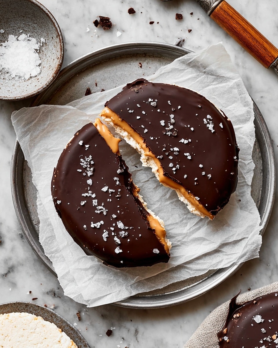 A round snack is shown broken into two pieces on white parchment paper on a metal plate. The bottom layer is light and bumpy like a crisp cake, the middle layer is smooth peanut butter in a golden brown color, and the top layer is a thick dark chocolate coating with shiny texture, sprinkled with coarse salt crystals. The edges of the chocolate layer are uneven, showing the peanut butter slightly oozing out. Small dark chocolate crumbles and white crumbs scatter around the plate. Nearby is a small bowl with coarse salt and part of a wooden-handled tool on a white marbled surface. Photo taken with an iphone --ar 4:5 --v 7