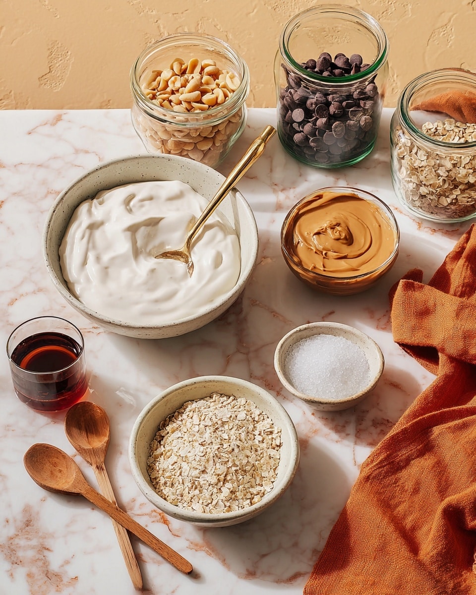 The image shows a collection of ingredients arranged on a white marbled surface, including a large white bowl with creamy white yogurt or sauce with a gold spoon inside, a clear glass jar filled with dark chocolate chips, a short clear glass containing smooth light brown peanut butter, a small beige bowl with light tan powder, another small bowl with coarse white salt, a wooden bowl filled with chopped peanuts, and a glass filled with dark amber liquid, possibly syrup. There are three clear glass jars stacked on the right side and a soft orange cloth napkin with frayed edges draped next to the bowls. Two metal spoons with wooden handles lie at the front of the arrangement. photo taken with an iphone --ar 4:5 --v 7