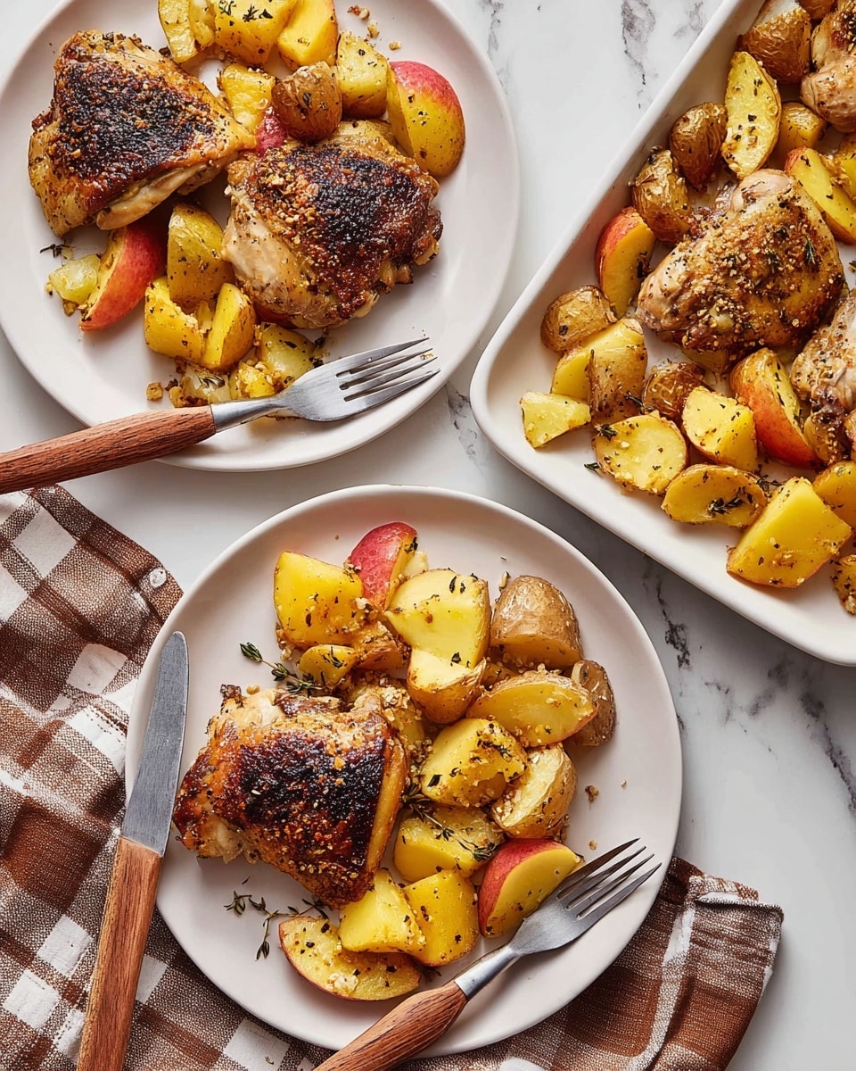The image shows a white rectangular baking dish filled with four pieces of golden brown cooked chicken thighs placed evenly across the tray. Around the chicken, there are yellow baby potatoes sliced in half and scattered red and white apple pieces. The food is coated with a seasoned mustard glaze that gives a shiny texture with visible mustard seeds. Small green thyme leaves are sprinkled across the dish for garnish. On the bottom right corner of the dish, a wooden spatula is partially under the food, lifting some potatoes and apples. The background surface is white marble with a glass and white bowls visible near the dish. photo taken with an iphone --ar 4:5 --v 7