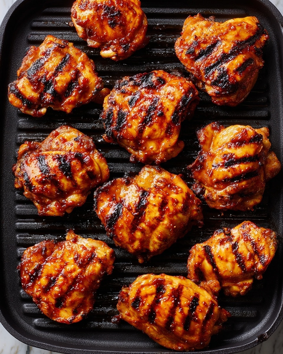 This image shows a close-up top view of a black grill pan with ten pieces of grilled chicken thighs. Each piece has a shiny, golden-brown surface with dark grill marks in parallel lines, creating a textured look. The chicken is cooked to a mix of a slightly charred and juicy texture, with some pieces showing glossy, sticky spots from sauce. The grill pan's ridges run horizontally and have small gaps, allowing the chicken to rest above the base. The background is a white marbled texture. photo taken with an iphone --ar 4:5 --v 7