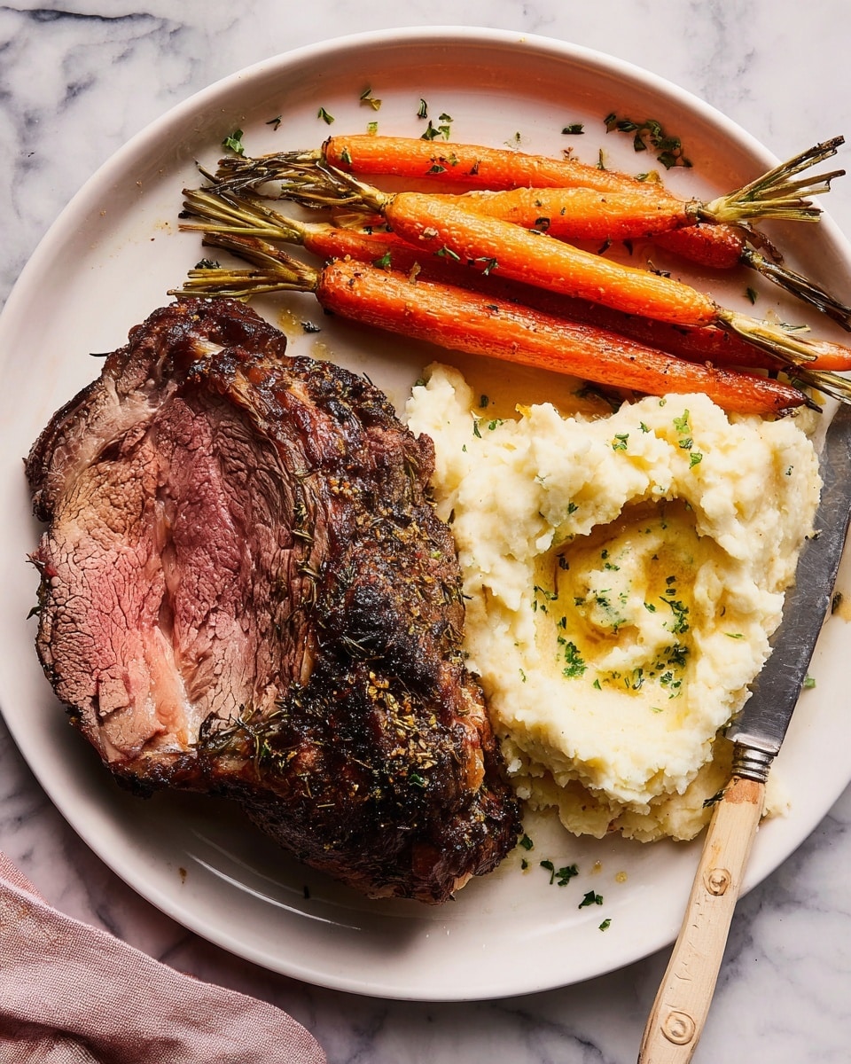 The plate shows a large piece of roasted meat with a dark brown, herb-crusted outer layer and a pink, juicy inside, placed on the lower left side. On the upper right are three bright orange roasted carrots with green tops, sprinkled with herbs. Between the meat and carrots, there is a heap of creamy mashed potatoes with a smooth and slightly lumpy texture, topped with a few small pieces of butter melting and chopped green herbs sprinkled on top. The plate is white, and a fork and knife with a light wooden handle rest on the right edge of the plate. The whole scene is set on a white marbled surface. Photo taken with an iphone --ar 4:5 --v 7