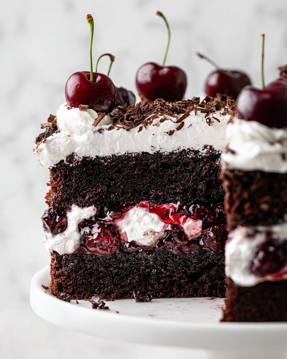 The image shows a thick slice of chocolate layer cake on a white plate, with three layers of dark, moist chocolate cake. Between the layers, there is white whipped cream and a dark red cherry filling that looks glossy and sticky. On top, the cake has a thick layer of white whipped cream with chocolate shavings and fresh dark red cherries with stems. The surface under the plate has a white marbled texture. Photo taken with an iphone --ar 4:5 --v 7