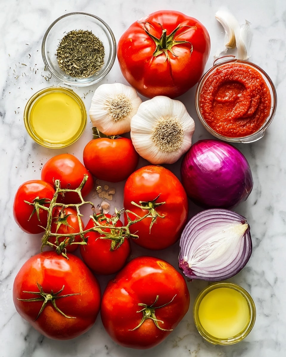 The image shows a collection of fresh ingredients on a white marbled surface. There are many red tomatoes in different shapes and sizes, some still on the vine, mixed with a couple of whole purple onions and one onion cut to show its layers. Two heads of garlic are cut in half, exposing the white cloves inside. There are three small glass bowls, one with green dried herbs, one with red tomato paste, and one with golden olive oil. Two small glasses of a creamy yellow liquid are also present. Photo taken with an iphone --ar 4:5 --v 7