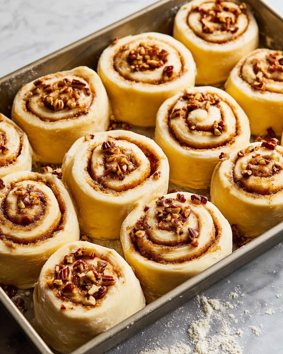 The image shows a metal baking tray filled with twelve uncooked cinnamon rolls placed closely but not touching each other. Each roll has a thick, pale yellow dough base rolled into a swirl shape with a darker brown cinnamon sugar layer spiraled inside. Small, irregularly chopped pecan pieces are sprinkled on top of the cinnamon layer, adding texture and a reddish-brown color contrast. The tray holds the rolls on a white marbled surface with some scattered flour around it. Photo taken with an iphone --ar 4:5 --v 7