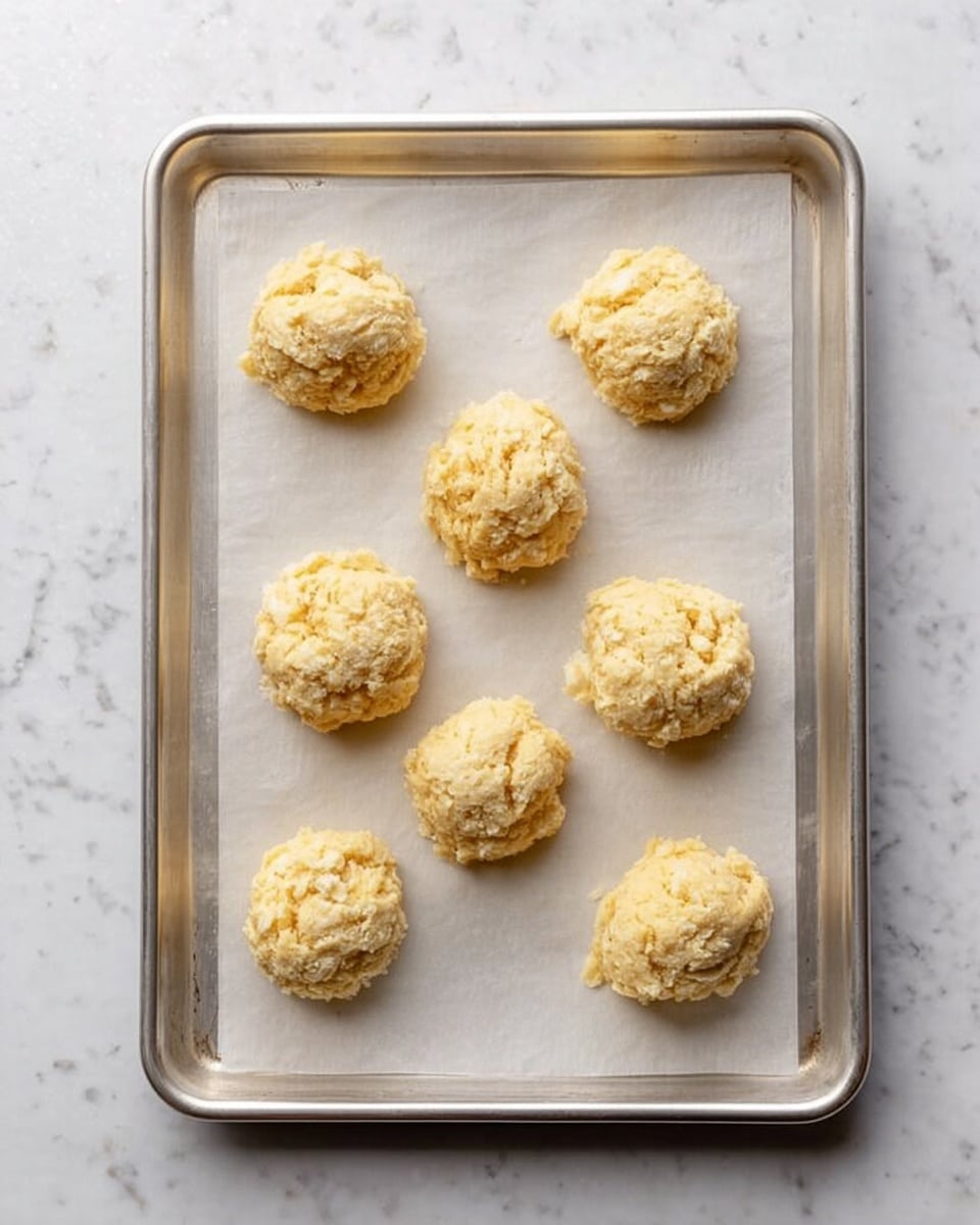 A metal baking tray with a white sheet of parchment paper holds eight rough, round dollops of a pale yellow dough with a slightly crumbly texture. The dollops are spaced out evenly, arranged in three rows—three on top, three in the middle, and two at the bottom—on a white marbled surface background. Photo taken with an iphone --ar 4:5 --v 7